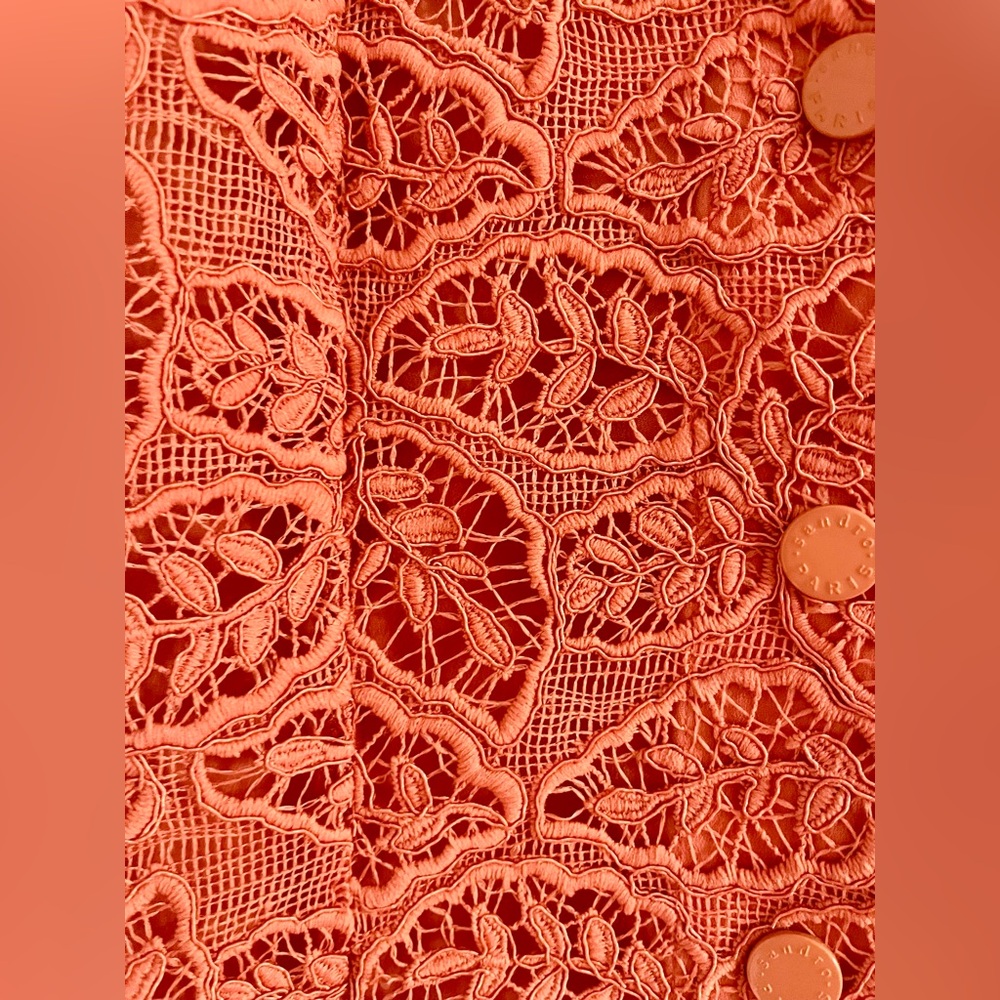 Sandro Lace Summer-Cocktail Coral Puff Sleeves Dress (French brand) - Picture 8 of 10